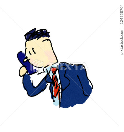Rough line drawing style A businessman in a suit talking on a mobile phone or smartphone Upper body Mixed solid color and watercolor 124558704