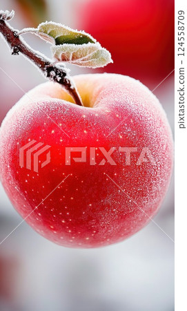 Glowing red apple illuminated by daylight on a frosted tree branch in winter Glowing red apple illuminated by daylight on a frosted tree branch in winter 124558709