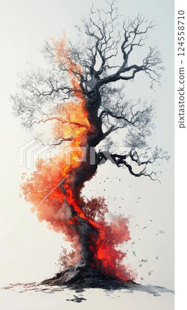 Glowing tree with one side frozen and the other side ablaze under natural light 124558710