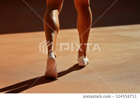 Muscular athlete preparing to sprint on the track under bright sunlight Muscular athlete preparing to sprint on the track under bright sunlight 124558711