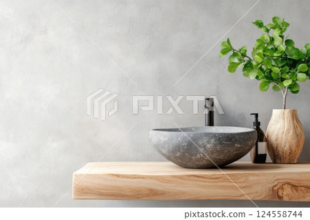 Rustic bathroom design with a stone basin sink on reclaimed wood vanity in bright setting Rustic bathroom design with a stone basin sink on reclaimed wood vanity in bright setting 124558744