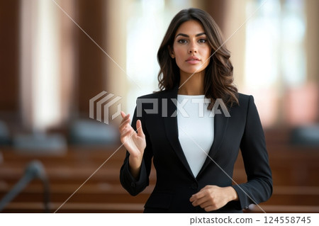Confident lawyer presenting a strong argument in a bright courtroom setting Confident lawyer presenting a strong argument in a bright courtroom setting 124558745