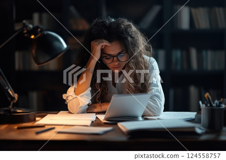 Young female public defender works late at night reviewing case files at her desk 124558757