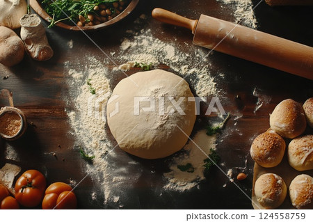 Rustic bread making with dough rolling pin flour and fresh ingredients on dark wooden surface 124558759