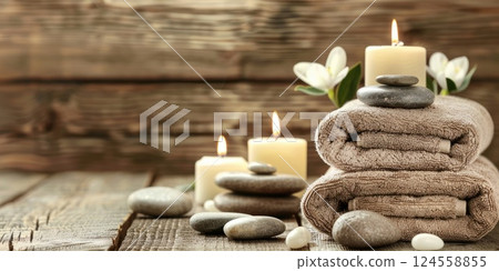 horizontal banner, spa treatment set, beauty, cosmetology and body care concept, light wooden background, copy space, free space for text 124558855
