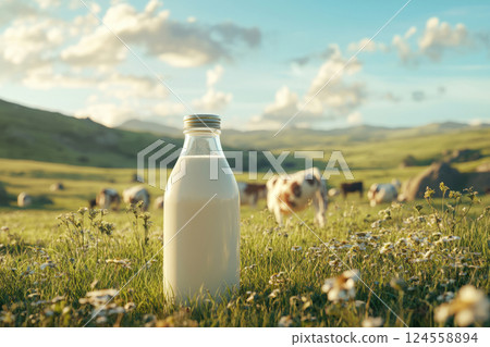 Glass bottle filled with milk stands on grassy field with grazing cows in background 124558894