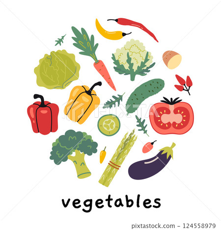 Vegetables set in circle shape. Ideal for healthy eating, vegetarian and organic food concepts. Trendy modern vector illustration isolated on white, hand drawn, flat design Vegetables set in circle shape. Ideal for healthy eating, vegetarian and organic food concepts. Trendy modern vector illustration isolated on white, hand drawn, flat design 124558979