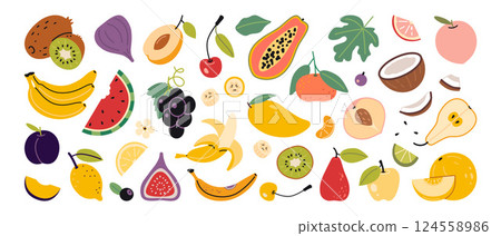 Fresh tropical fruits like bananas, apple, orange, kiwi and more. Healthy eating, nutrition and wellness concepts. Trendy modern vector illustration isolated on white, hand drawn, flat design 124558986