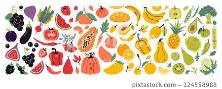 Color spectrum of fruits and vegetables, food rainbow. Healthy eating, nutrition and wellness concepts. Trendy modern vector illustration isolated on white background, hand drawn, flat design Color spectrum of fruits and vegetables, food rainbow. Healthy eating, nutrition and wellness concepts. Trendy modern vector illustration isolated on white background, hand drawn, flat design 124558988