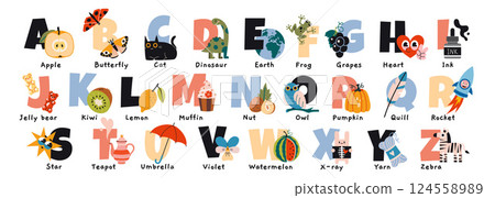 Letters of the English alphabet from A to Z and cute object or animal. Childish font for kids ABC book, educational concept. Trendy modern vector illustration isolated on white, hand drawn, flat 124558989