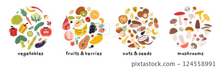 Vegetables, fruits, berries, nuts, seeds and mushrooms set in circle shapes. Ideal for healthy eating, vegetarian food concepts. Trendy modern vector illustration isolated on white, hand drawn, flat Vegetables, fruits, berries, nuts, seeds and mushrooms set in circle shapes. Ideal for healthy eating, vegetarian food concepts. Trendy modern vector illustration isolated on white, hand drawn, flat 124558991