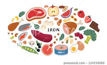 Iron food sources like meat, seafood, fruits, vegetables and nuts. Health, nutrition, and wellness concepts. Trendy modern vector illustration isolated on white background, hand drawn, flat design 124558999