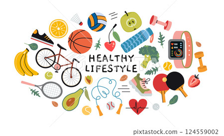 Healthy Lifestyle Concept set. Fitness equipment, nutritious foods and sports activities. Balanced and active lifestyle for wellbeing. Trendy modern vector illustration isolated on white, flat design 124559002