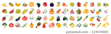Big set with Fruits, vegetables and berries. Healthy eating and fresh food. Trendy modern vector illustration isolated on white background, hand drawn, flat design 124559005