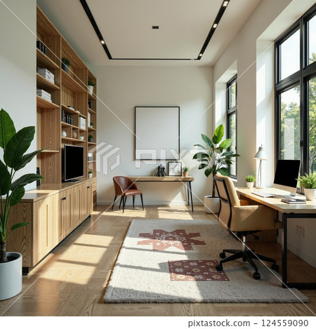 Modern home office with natural light, stylish wooden shelves, and minimalist decor for inspiring work environment 124559090