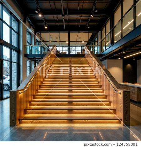 Modern industrial architecture: illuminated wooden staircase in contemporary workspace design 124559091