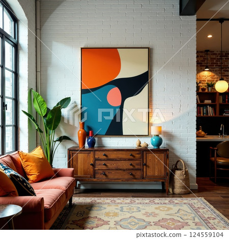 Modern living room with abstract art and eclectic decor for stylish home inspiration 124559104