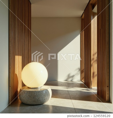 Modern minimalist interior with soft lighting and textured design for contemporary spaces 124559120