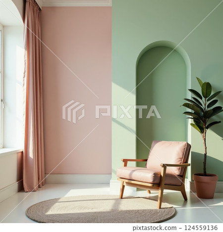Modern pastel interior design with sunlit minimalist decor featuring green arch and pink accents for stylish living space inspiration Modern pastel interior design with sunlit minimalist decor featuring green arch and pink accents for stylish living space inspiration 124559136