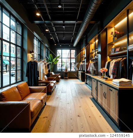 Modern urban boutique interior with leather furniture and stylish clothing display 124559145