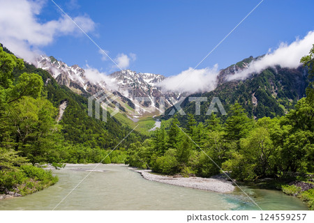 【清爽的上高地】河童橋週邊的新綠與穗高山脈的壯麗景色 124559257