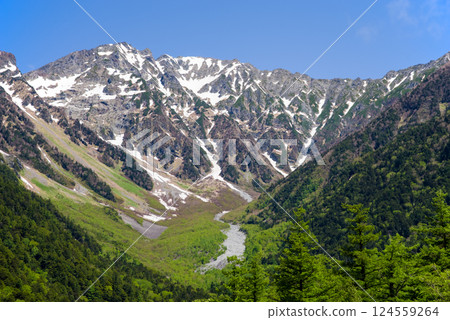 [Refreshing Kamikochi] Fresh greenery around Kappa Bridge and the magnificent view of the Hotaka mountain range 124559264