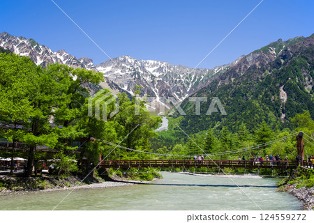 【清爽的上高地】河童橋週邊的新綠與穗高山脈的壯麗景色 124559272