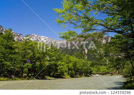 [Refreshing Kamikochi] Fresh greenery around Kappa Bridge and the magnificent view of the Hotaka mountain range 124559296