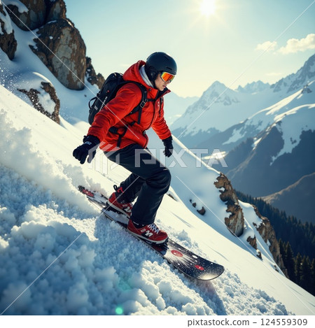 Thrilling alpine snowboarding adventure in vibrant winter landscape under sunny skies 124559309