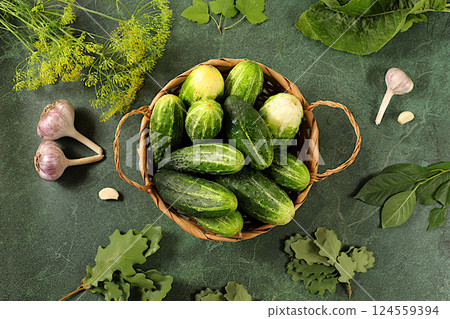 Fresh cucumbers in basket, spices, garlic and leaves on concrete kitchen table, homemade pickling recipe, village harvest, cucumbers and pickling ingredients, home canning concept,. Fresh cucumbers in basket, spices, garlic and leaves on concrete kitchen table, homemade pickling recipe, village harvest, cucumbers and pickling ingredients, home canning concept,. 124559394