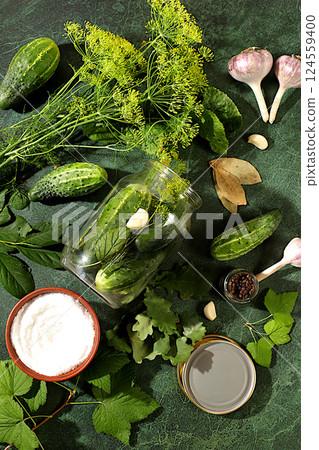 Fresh cucumbers in a jar, spices, garlic and leaves on a concrete kitchen table, homemade pickling recipe, village harvest, cucumbers and ingredients for pickling, home canning concept,.. Fresh cucumbers in a jar, spices, garlic and leaves on a concrete kitchen table, homemade pickling recipe, village harvest, cucumbers and ingredients for pickling, home canning concept,.. 124559400