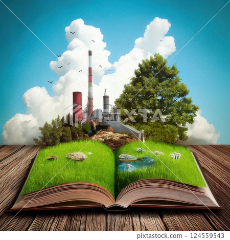 Exploring the contrast between nature and industry through an imaginative book landscape with a power plant and greenery Generative AI 124559543