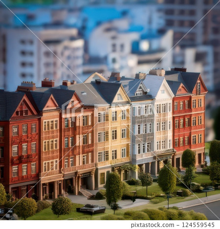 Colorful row of traditional buildings along a green park in an urban setting during the day Generative AI 124559545