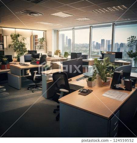 Modern office interior with large windows and city skyline view, showcasing a productive workspace during daylight hours Generative AI 124559552