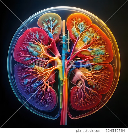 Intricate illustration of human lungs showcasing detailed anatomical structures and vibrant colors. Generative AI 124559564