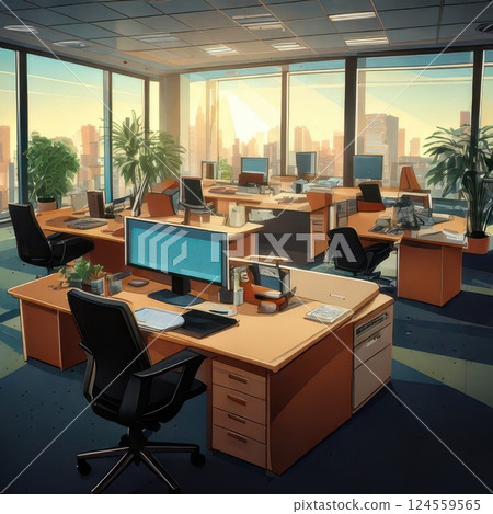 Modern office interior with cityscape view during sunset, showcasing workstations and plants Generative AI 124559565