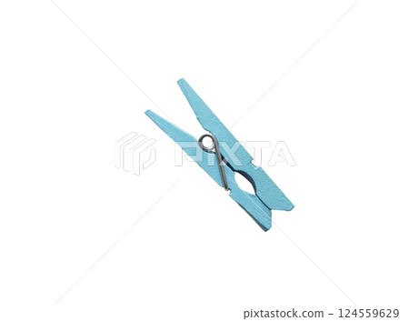 One blue decorative wooden clothespin isolated on white background. Office clothespins. 124559629