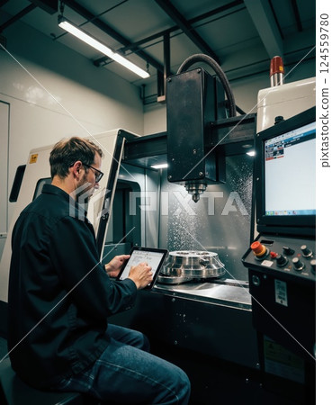 Advanced cnc machining process with engineer monitoring precision engineering in an industrial workshop Advanced cnc machining process with engineer monitoring precision engineering in an industrial workshop 124559780