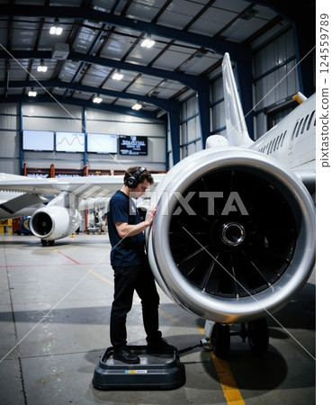 Aircraft maintenance technician examining jet engine in modern aviation hangar Aircraft maintenance technician examining jet engine in modern aviation hangar 124559789