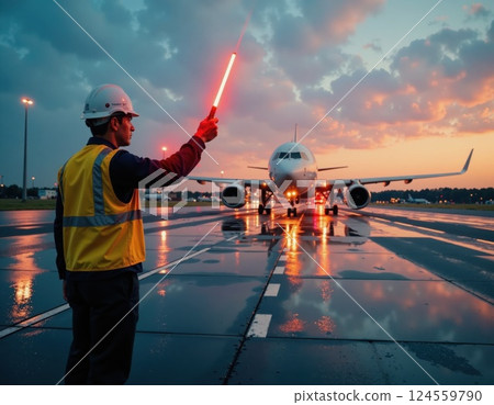 Airport ground crew guiding airplane at sunset with reflective wet tarmac Airport ground crew guiding airplane at sunset with reflective wet tarmac 124559790