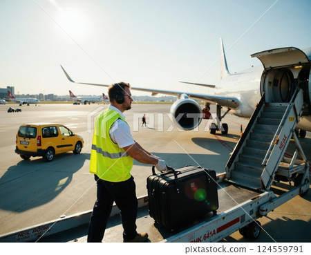 Airport ground crew handling luggage in sunny weather for safe flight preparation and efficient baggage management Airport ground crew handling luggage in sunny weather for safe flight preparation and efficient baggage management 124559791