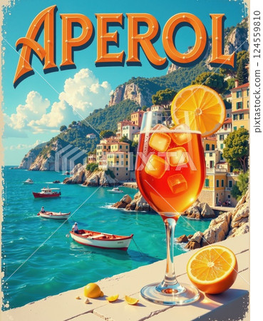 Coastal italian aperol spritz delight with vibrant orange cocktail by seaside village for summer travel and refreshment 124559810