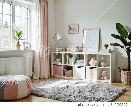 Cozy pastel children's room with modern storage solutions and soft natural light 124559862