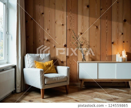 Cozy scandinavian living room with wooden accents and minimalist decor for modern home inspiration 124559865