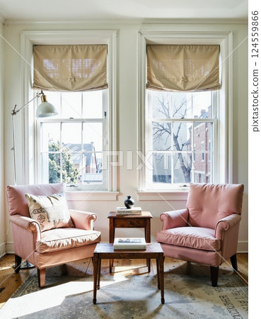 Cozy vintage-inspired living room with soft pink armchairs and rustic wooden furniture 124559866