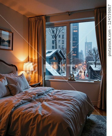 Cozy winter evening in urban bedroom with snowy cityscape view for home decor and relaxation inspiration 124559867