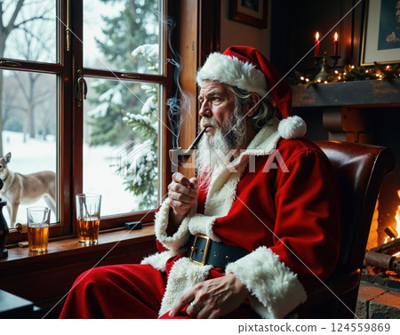Cozy winter scene with santa enjoying a pipe by the fireplace in a festive living room setting 124559869