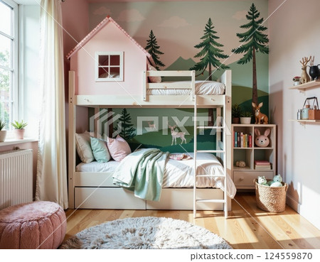 Cozy woodland-themed children's bedroom with bunk bed, whimsical decor, and soft pastel accents 124559870