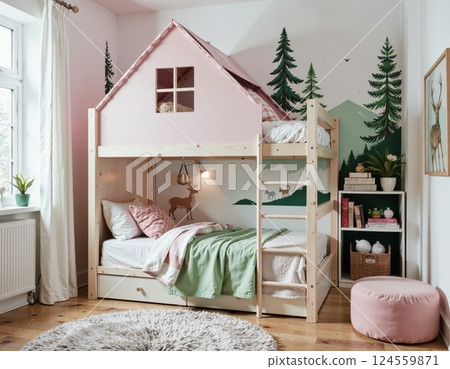 Cozy woodland-themed kids room with bunk bed and nature decor for playful sleep environment 124559871