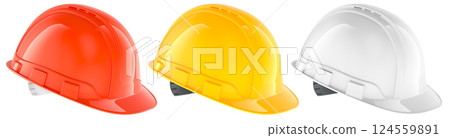 Construction white, orange, yellow hardhats. Different colors, 3D rendering Construction white, orange, yellow hardhats. Different colors, 3D rendering 124559891